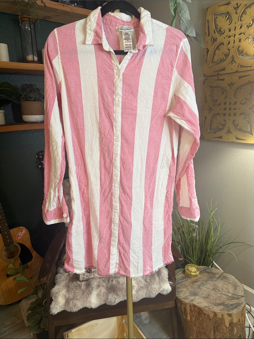 Tommy Bahama Pink and White Vertical Stripe Long Sleeve Shirt Dress